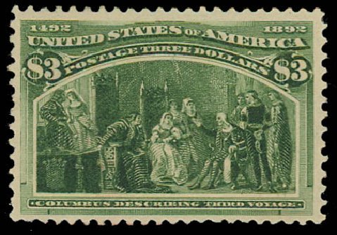 Values of US Stamp Scott Catalog #243: 1893 US$3.00 Columbian Exposition. Daniel Kelleher Auctions, Jul 2011, Sale 625, Lot 836