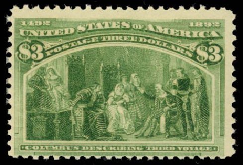 US Stamps Values Scott Catalogue 243: US$3.00 1893 Columbian Exposition. Daniel Kelleher Auctions, Oct 2014, Sale 660, Lot 2236
