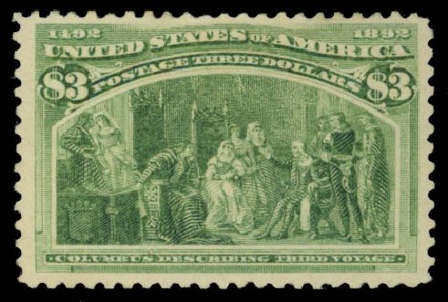 Value of US Stamp Scott Cat. #243: US$3.00 1893 Columbian Exposition. Daniel Kelleher Auctions, May 2015, Sale 669, Lot 2746
