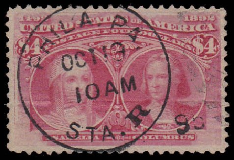 Prices of US Stamps Scott 244: US$4.00 1893 Columbian Exposition. Daniel Kelleher Auctions, Jan 2015, Sale 663, Lot 1497