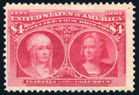 Costs of US Stamps Scott #244: US$4.00 1893 Columbian Exposition. Harmer-Schau Auction Galleries, Feb 2009, Sale 80, Lot 1220