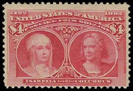 Value of US Stamps Scott Cat. # 244: 1893 US$4.00 Columbian Exposition. H.R. Harmer, Nov 2013, Sale 3004, Lot 1180