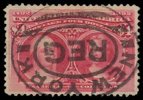 Cost of US Stamp Scott Catalogue #244: 1893 US$4.00 Columbian Exposition. Daniel Kelleher Auctions, Aug 2012, Sale 631, Lot 924