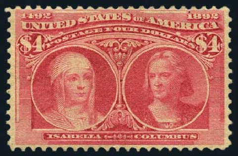 US Stamp Values Scott Catalog # 244 - 1893 US$4.00 Columbian Exposition. Harmer-Schau Auction Galleries, May 2015, Sale 105, Lot 142