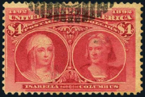 Values of US Stamp Scott Catalog #244 - 1893 US$4.00 Columbian Exposition. Harmer-Schau Auction Galleries, Oct 2012, Sale 95, Lot 216