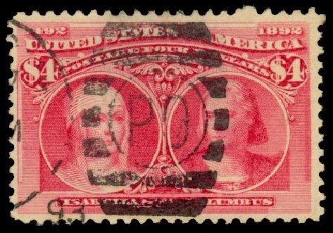Cost of US Stamps Scott Catalog # 244: US$4.00 1893 Columbian Exposition. Daniel Kelleher Auctions, Dec 2013, Sale 640, Lot 216