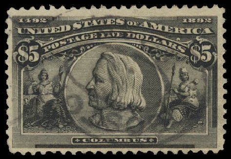 Values of US Stamp Scott Catalogue #245: US$5.00 1893 Columbian Exposition. Daniel Kelleher Auctions, Aug 2012, Sale 631, Lot 927