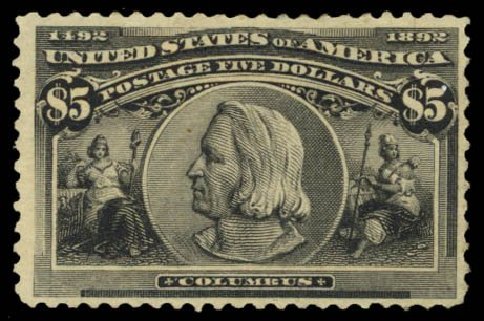 Value of US Stamps Scott Cat. #245: US$5.00 1893 Columbian Exposition. Daniel Kelleher Auctions, Mar 2014, Sale 650, Lot 2597
