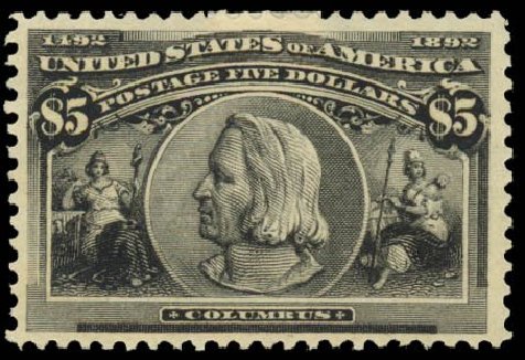 Price of US Stamps Scott Cat. 245 - US$5.00 1893 Columbian Exposition. Daniel Kelleher Auctions, May 2014, Sale 652, Lot 387