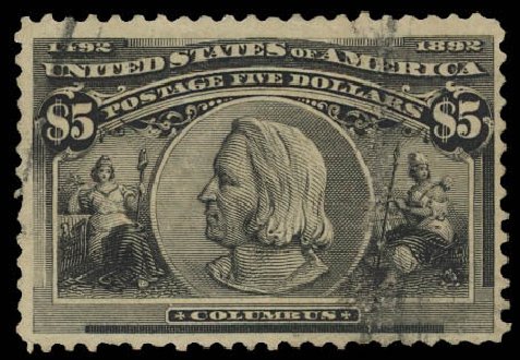 Prices of US Stamps Scott Catalogue 245: 1893 US$5.00 Columbian Exposition. Daniel Kelleher Auctions, Aug 2012, Sale 631, Lot 928