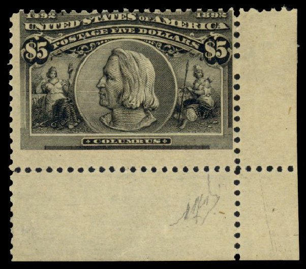 US Stamp Prices Scott Catalogue # 245: 1893 US$5.00 Columbian Exposition. Daniel Kelleher Auctions, Dec 2013, Sale 640, Lot 218
