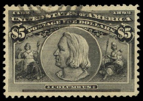 Prices of US Stamps Scott Catalogue # 245 - 1893 US$5.00 Columbian Exposition. Daniel Kelleher Auctions, Oct 2014, Sale 660, Lot 2248