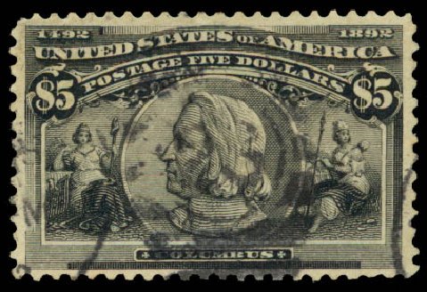 Value of US Stamp Scott Catalog #245: US$5.00 1893 Columbian Exposition. Daniel Kelleher Auctions, Aug 2015, Sale 672, Lot 2528