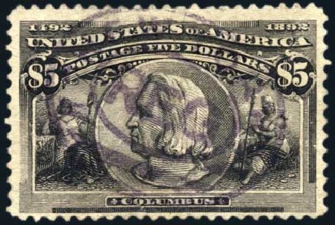 US Stamp Price Scott # 245 - 1893 US$5.00 Columbian Exposition. Harmer-Schau Auction Galleries, Apr 2009, Sale 81, Lot 579
