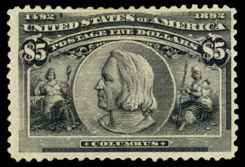 US Stamp Value Scott Catalog # 245 - US$5.00 1893 Columbian Exposition. Daniel Kelleher Auctions, Dec 2013, Sale 640, Lot 219