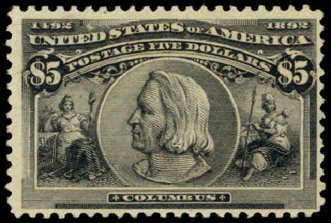 Value of US Stamp Scott Cat. #245 - US$5.00 1893 Columbian Exposition. Daniel Kelleher Auctions, May 2014, Sale 652, Lot 389