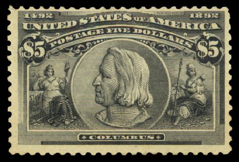 Value of US Stamps Scott Catalog 245 - US$5.00 1893 Columbian Exposition. Daniel Kelleher Auctions, Aug 2015, Sale 672, Lot 2519