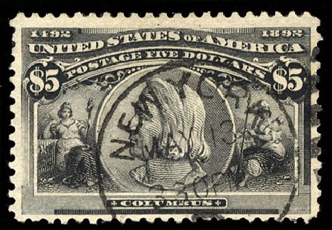 Value of US Stamp Scott Catalogue #245: 1893 US$5.00 Columbian Exposition. Cherrystone Auctions, Jul 2010, Sale 201007, Lot 40