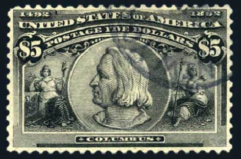 US Stamps Price Scott 245: 1893 US$5.00 Columbian Exposition. Harmer-Schau Auction Galleries, Aug 2011, Sale 90, Lot 1390
