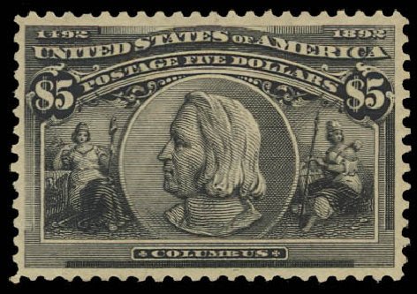 Values of US Stamp Scott Catalogue 245: 1893 US$5.00 Columbian Exposition. Daniel Kelleher Auctions, Jun 2012, Sale 630, Lot 1561