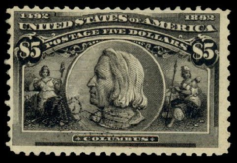 Values of US Stamp Scott Catalog #245 - US$5.00 1893 Columbian Exposition. Daniel Kelleher Auctions, Dec 2013, Sale 640, Lot 221