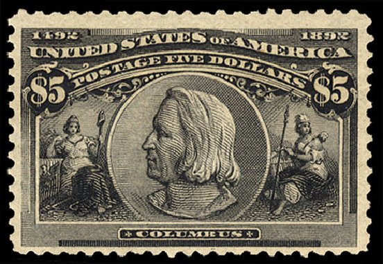 US Stamp Values Scott Cat. 245: 1893 US$5.00 Columbian Exposition. Cherrystone Auctions, Jan 2009, Sale 200901, Lot 174