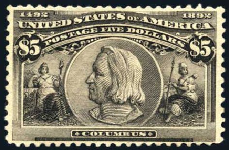 US Stamps Values Scott Catalog #245 - US$5.00 1893 Columbian Exposition. Harmer-Schau Auction Galleries, Feb 2009, Sale 80, Lot 1224