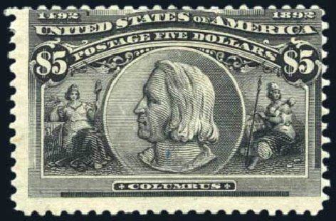US Stamp Prices Scott Cat. # 245: 1893 US$5.00 Columbian Exposition. Harmer-Schau Auction Galleries, Aug 2011, Sale 90, Lot 1384