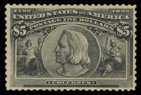 US Stamps Price Scott Cat. 245: 1893 US$5.00 Columbian Exposition. Daniel Kelleher Auctions, Oct 2012, Sale 632, Lot 1154