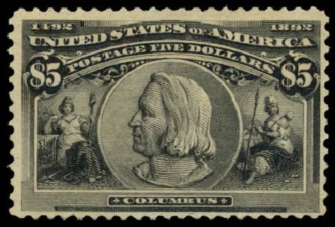 Cost of US Stamp Scott Catalog #245: 1893 US$5.00 Columbian Exposition. Daniel Kelleher Auctions, Sep 2013, Sale 639, Lot 1084
