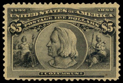 US Stamp Prices Scott 245: US$5.00 1893 Columbian Exposition. Daniel Kelleher Auctions, Mar 2014, Sale 648, Lot 2104