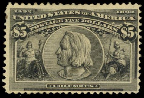 US Stamps Prices Scott Catalog #245: US$5.00 1893 Columbian Exposition. Daniel Kelleher Auctions, Oct 2014, Sale 660, Lot 2244