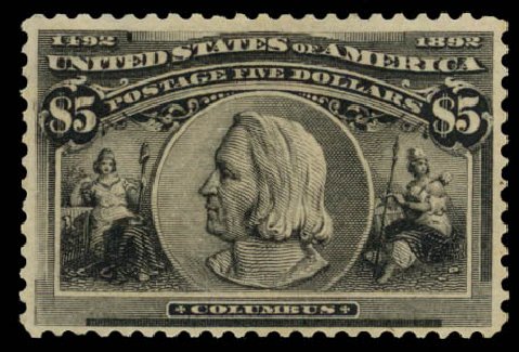US Stamps Value Scott Catalog 245: US$5.00 1893 Columbian Exposition. Daniel Kelleher Auctions, Jan 2015, Sale 663, Lot 1504