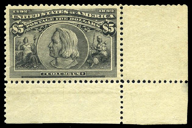 Cost of US Stamp Scott Cat. # 245: US$5.00 1893 Columbian Exposition. Matthew Bennett International, May 2014, Sale 350, Lot 375