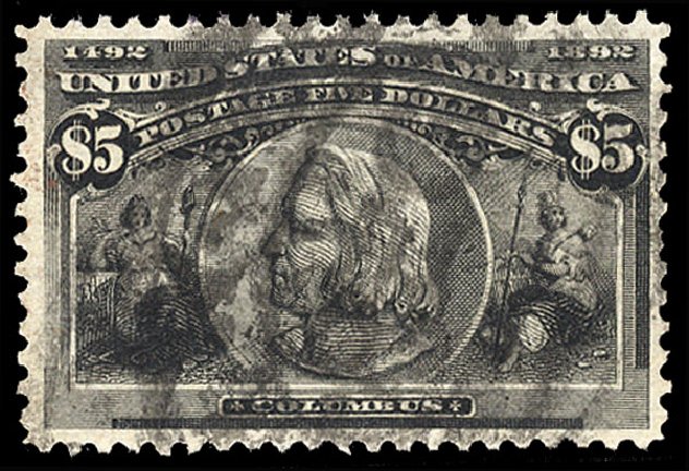 Values of US Stamps Scott Cat. # 245: 1893 US$5.00 Columbian Exposition. Cherrystone Auctions, Jan 2009, Sale 200901, Lot 175