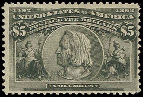 Cost of US Stamp Scott Cat. #245: 1893 US$5.00 Columbian Exposition. H.R. Harmer, Oct 2014, Sale 3006, Lot 1275