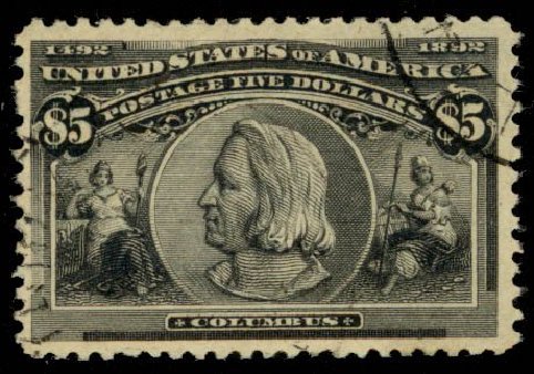 US Stamps Prices Scott 245: US$5.00 1893 Columbian Exposition. Daniel Kelleher Auctions, Sep 2013, Sale 639, Lot 1085