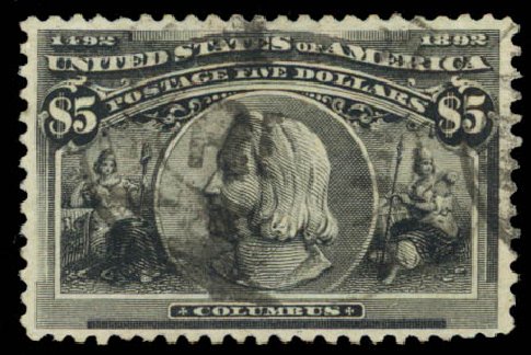 Values of US Stamp Scott Catalog # 245: 1893 US$5.00 Columbian Exposition. Daniel Kelleher Auctions, Aug 2015, Sale 672, Lot 2525