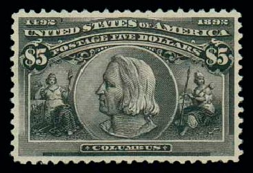 US Stamp Prices Scott #245: US$5.00 1893 Columbian Exposition. Matthew Bennett International, Oct 2007, Sale 322, Lot 2102