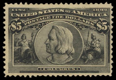 Costs of US Stamps Scott 245: US$5.00 1893 Columbian Exposition. Daniel Kelleher Auctions, Jun 2012, Sale 630, Lot 1562