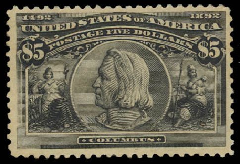 Values of US Stamp Scott 245: 1893 US$5.00 Columbian Exposition. Daniel Kelleher Auctions, Oct 2012, Sale 632, Lot 1152