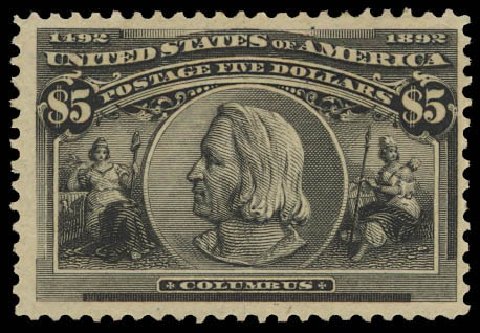 Values of US Stamp Scott Catalogue #245 - 1893 US$5.00 Columbian Exposition. Daniel Kelleher Auctions, Jun 2012, Sale 630, Lot 1563