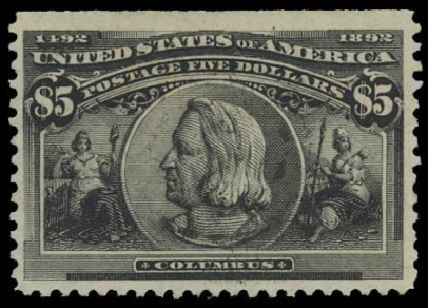 Values of US Stamps Scott #245 - 1893 US$5.00 Columbian Exposition. Daniel Kelleher Auctions, Oct 2012, Sale 632, Lot 1153