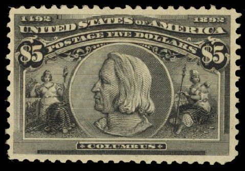 US Stamps Values Scott Cat. # 245 - US$5.00 1893 Columbian Exposition. Daniel Kelleher Auctions, Oct 2014, Sale 660, Lot 2243