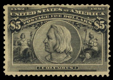 US Stamps Values Scott Cat. # 245 - 1893 US$5.00 Columbian Exposition. Daniel Kelleher Auctions, Jan 2015, Sale 663, Lot 1503