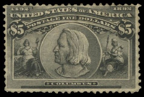 Value of US Stamp Scott Catalog #245: 1893 US$5.00 Columbian Exposition. Daniel Kelleher Auctions, Oct 2014, Sale 660, Lot 2246