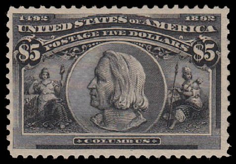 US Stamps Price Scott #245: US$5.00 1893 Columbian Exposition. Daniel Kelleher Auctions, Jan 2015, Sale 663, Lot 1506