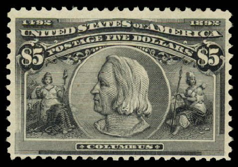 US Stamps Price Scott # 245 - 1893 US$5.00 Columbian Exposition. Daniel Kelleher Auctions, Aug 2015, Sale 672, Lot 2516