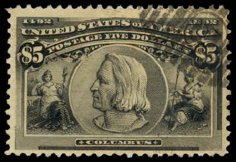 Values of US Stamp Scott Catalog 245: US$5.00 1893 Columbian Exposition. Daniel Kelleher Auctions, Aug 2015, Sale 672, Lot 2526