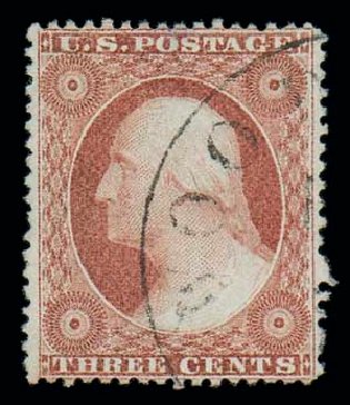 Values of US Stamp Scott Cat. 25: 1857 3c Washington. Matthew Bennett International, Dec 2007, Sale 323, Lot 118